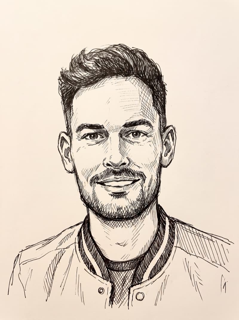 Ink sketch portrait of Russell Goodall, founder of All Good Marketing
